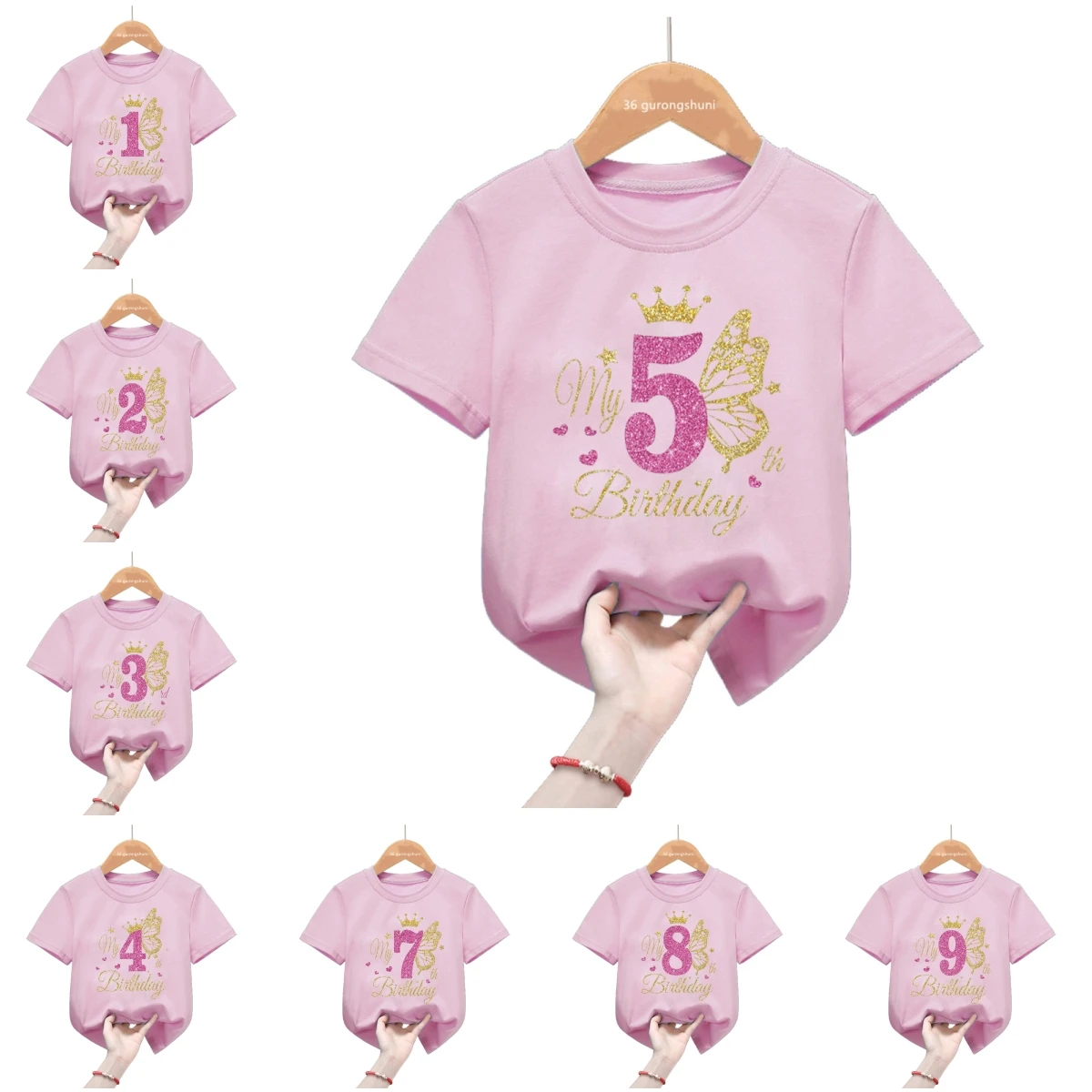 Customized Name Tshirt It\'s My 1-11th Happy Birthday Princess Golden Butterfly T-Shirt Girls Gift Kids Clothes Short Sleeve