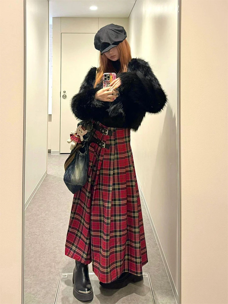 Falda a cuadros por debajo de la rodilla Vintage para mujer, Coqueta con abertura Gyaru, diseño Preppy de los años 2000, Sexy, Grunge, Cyber Punk