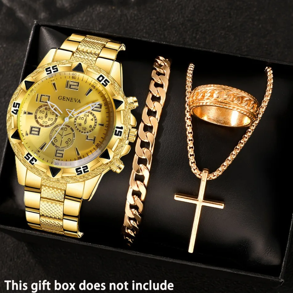 4 шт./компл. мужские кварцевые часы и комплект украшений с крестом, деловые роскошные мужские часы, корпус из сплава, аксессуары для работы и повседневного использования, мужские подарки