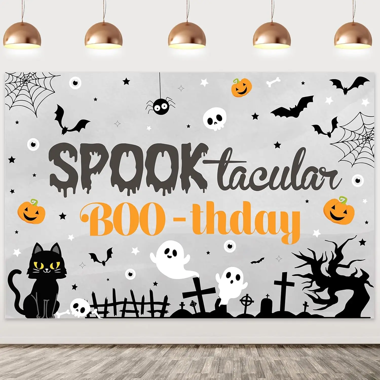 Cheereveal Spooktacular Boothday Backdrop Black Orange Grey Halloween Banner Bat Ghost Cat Pumpkin Kids Birthday Supplies 5x3ft