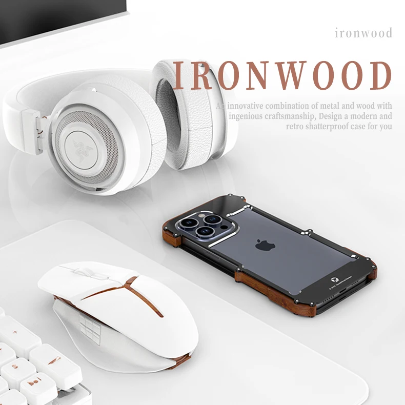 R-just Luxury Ironwood 1st Metal Frame Cases For Iphone 16 15 14 Plus 13 12 Pro Max Plus Shockproof Contrast Metal & Wood Case