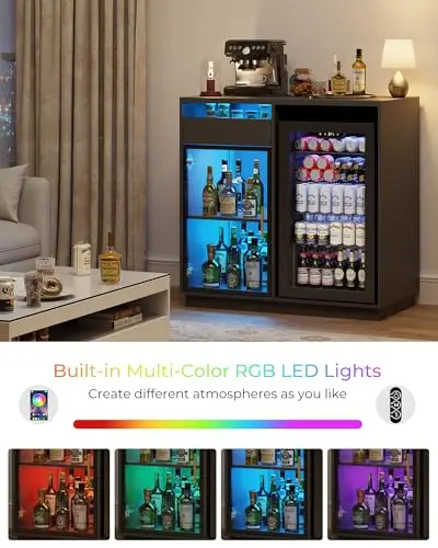 39" Coffee Bar Cabinet with Mini Fridge Space & LED Lights, Black | Mini Fridge Cabinet with Drawer & Storage Cabinet - view 5