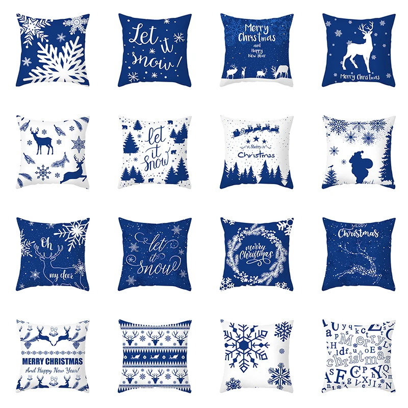 

Merry Christmas Ornament Pillowcase Blue White Tree Snowflake Deer Print Cushion Cover Home Sofa Living Room