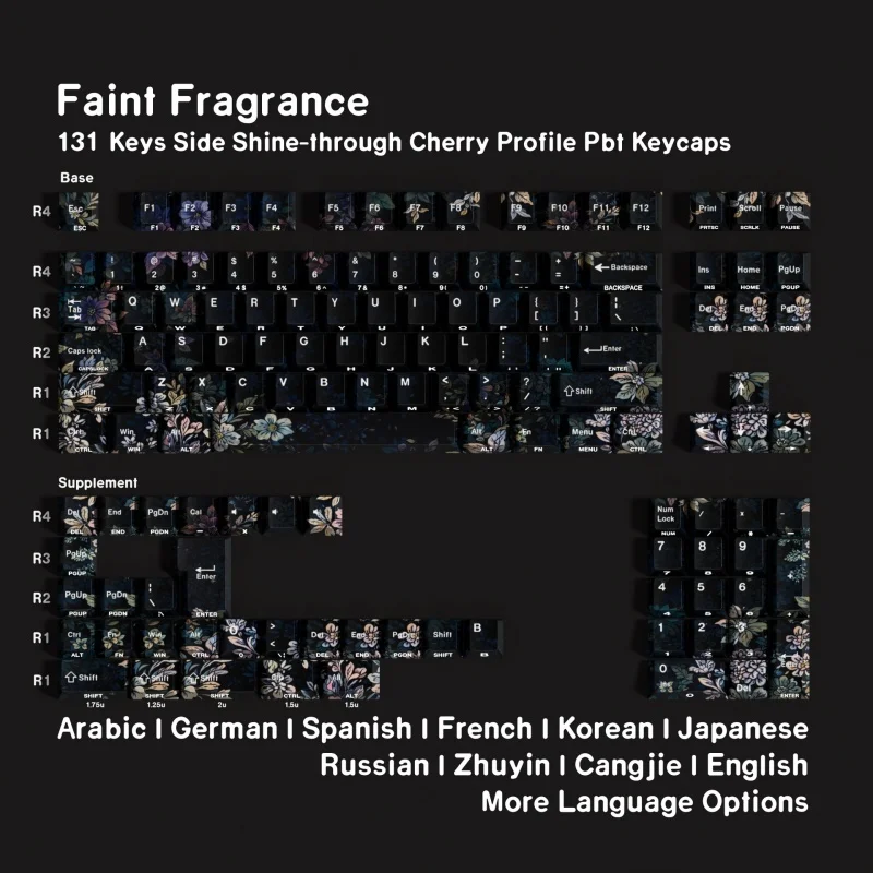 Jcm Faint Fragrance Keycaps 131 Keys Pbt Dark Floral Pattern Korean Russian German Spanish French Mechanical Keyboard Keycaps