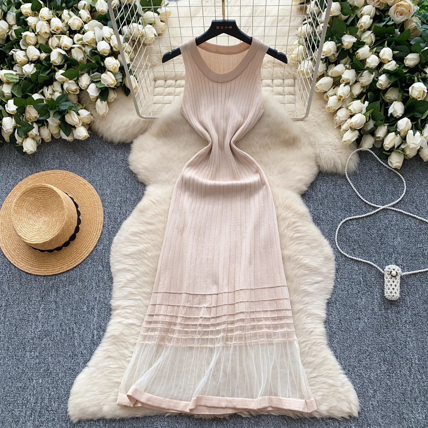 REALEFT ฤดูร้อนตาข่าย Patchwork ผู้หญิงถักชุด 2025 แขนกุด O-คอลําลองหลวมเสื้อ A-Line ชุดยาวหญิง