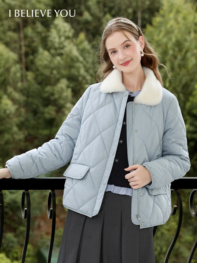 I BELIEVE YOU Warm Coat Fragrant Rhombus Padded Cotton Collar Cotton Jacket 2024 Winter Fur Collar Blue Cotton Jacket 2244155886