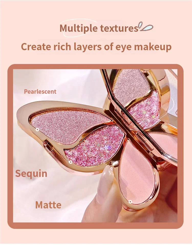 6色マルチカラーアイシャドウパレット、バタフライデザイン - ハイライター、マット、アースカラー、カラフル、ピンク、グリッターシェード CO:04