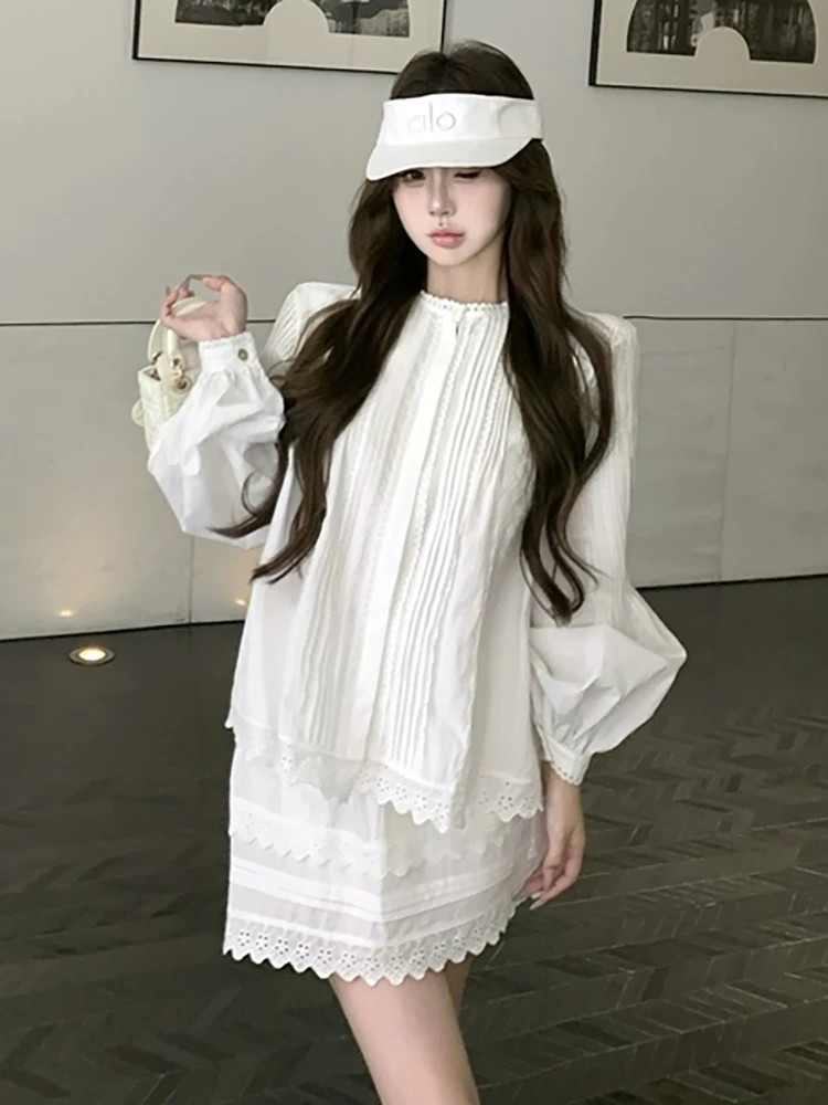 RORORIRI Camicia a punto con finiture in pizzo Gonna Donna Set da 2 pezzi Camicetta a maniche lunghe a pieghe Top Minigonna a trapezio Abiti coreani per le vacanze