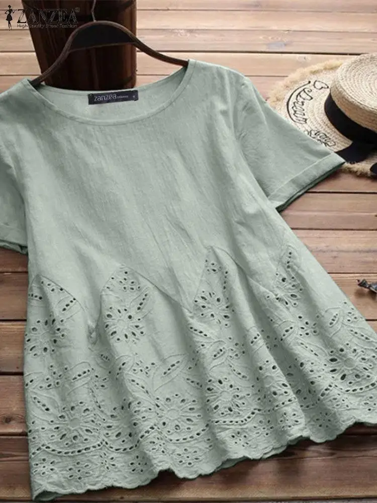 Summer Lace Crochet Shirt 2024 ZANZEA Women Elegant Short Sleeve Blouse Stylish Patchwork Tops Tunic Female O Neck Work Blusas