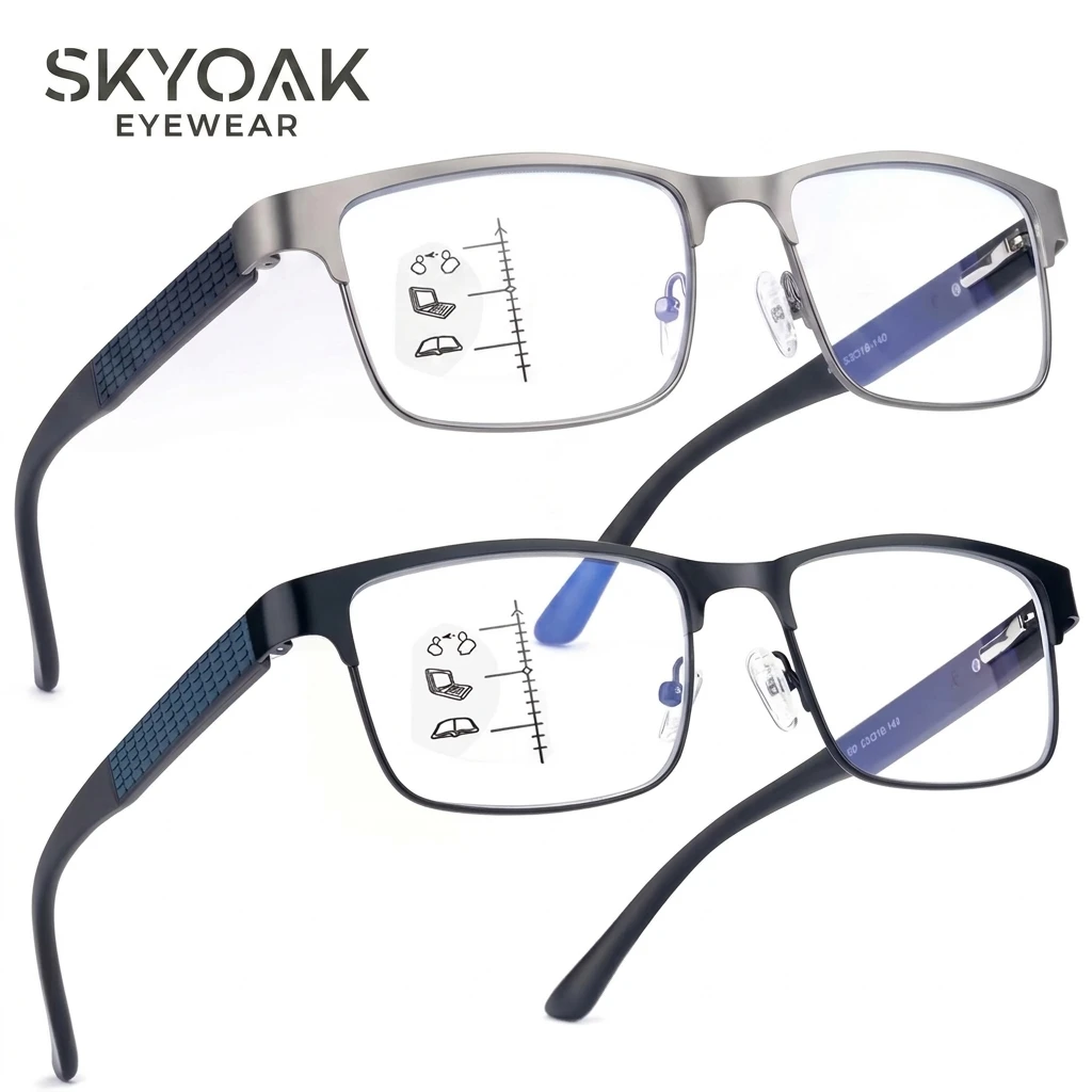 SKYOAK Premium 2 PACK Durable Progressive Multifocus Reading Glasses Men Blue Light Blocking Computer Reader