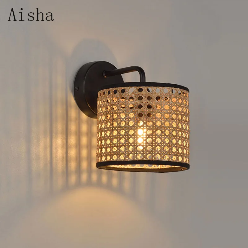 

Creative Rattan Wall Lamp Retro Handmade Bedside Wall Sconces Homestay Restaurant Aisle Corridor Bathroom Mirror Front Light