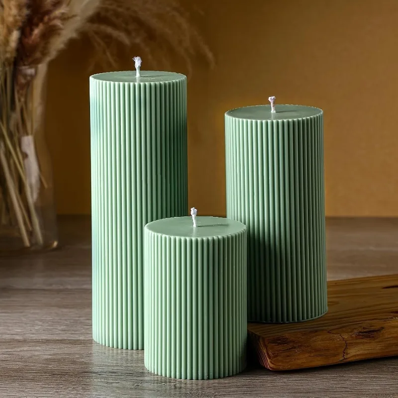 Green Ribbed Pillar Candles 3 Pack • Aesthetic Home Decor