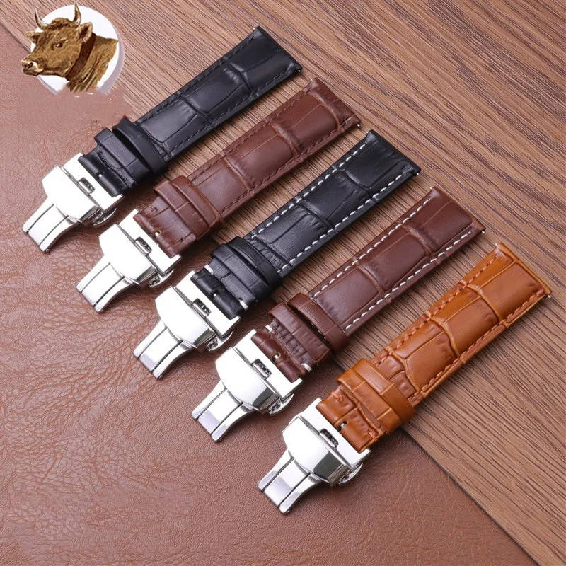

18mm 19mm 20mm 21mm 22mm 24mm Quick Release Cowhide Leather Watch Strap Stainless Steel Butterfly Buckle Watch Band Accessories