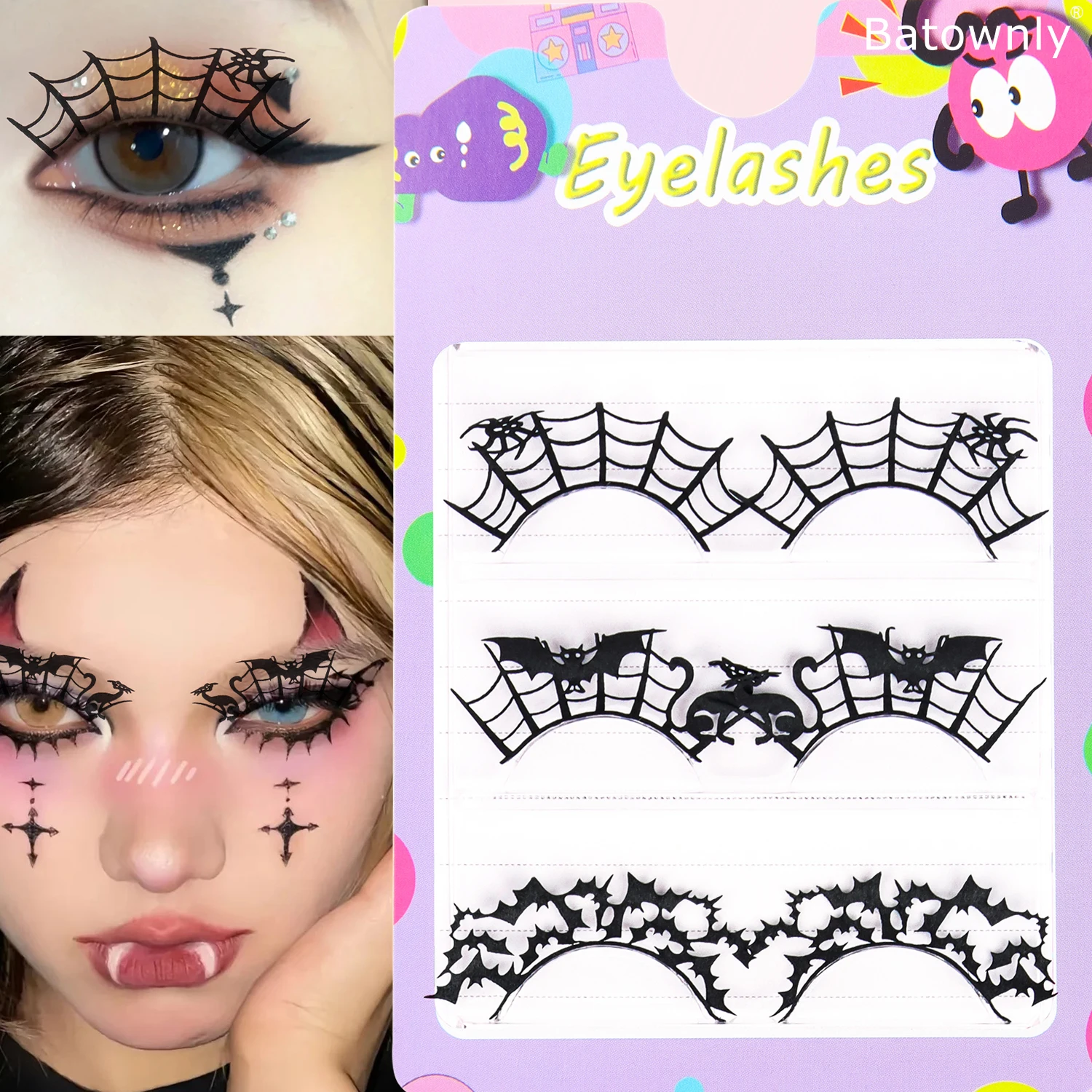 3 Paar Halloween-Wimpern, Troublemakers, Spinnen, dicke, übertriebene Papierschnitte, falsche Wimpern