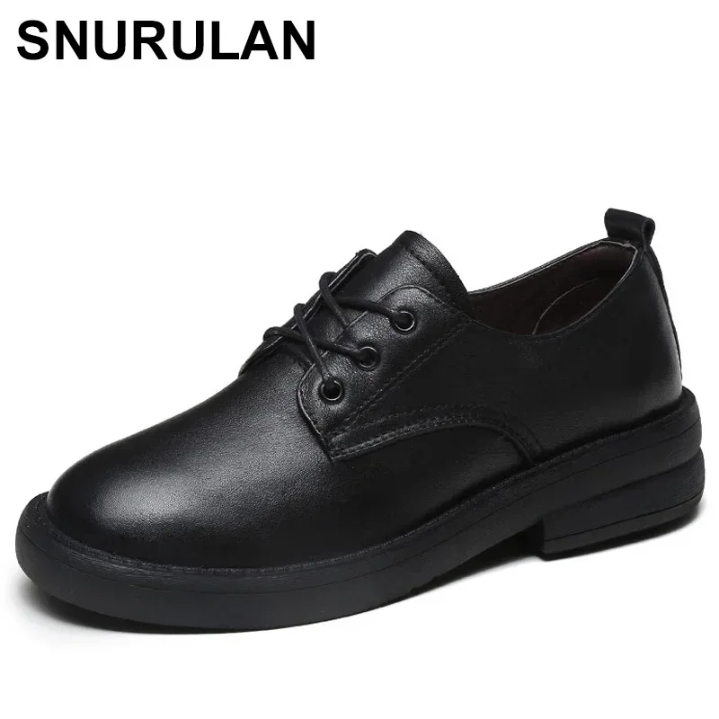 

SNURULAN British Style Women Oxford Shoes 100% Genuine Cow Leather Handmade Retro Lace Up Casual Flat Shoes Chaussures Femme