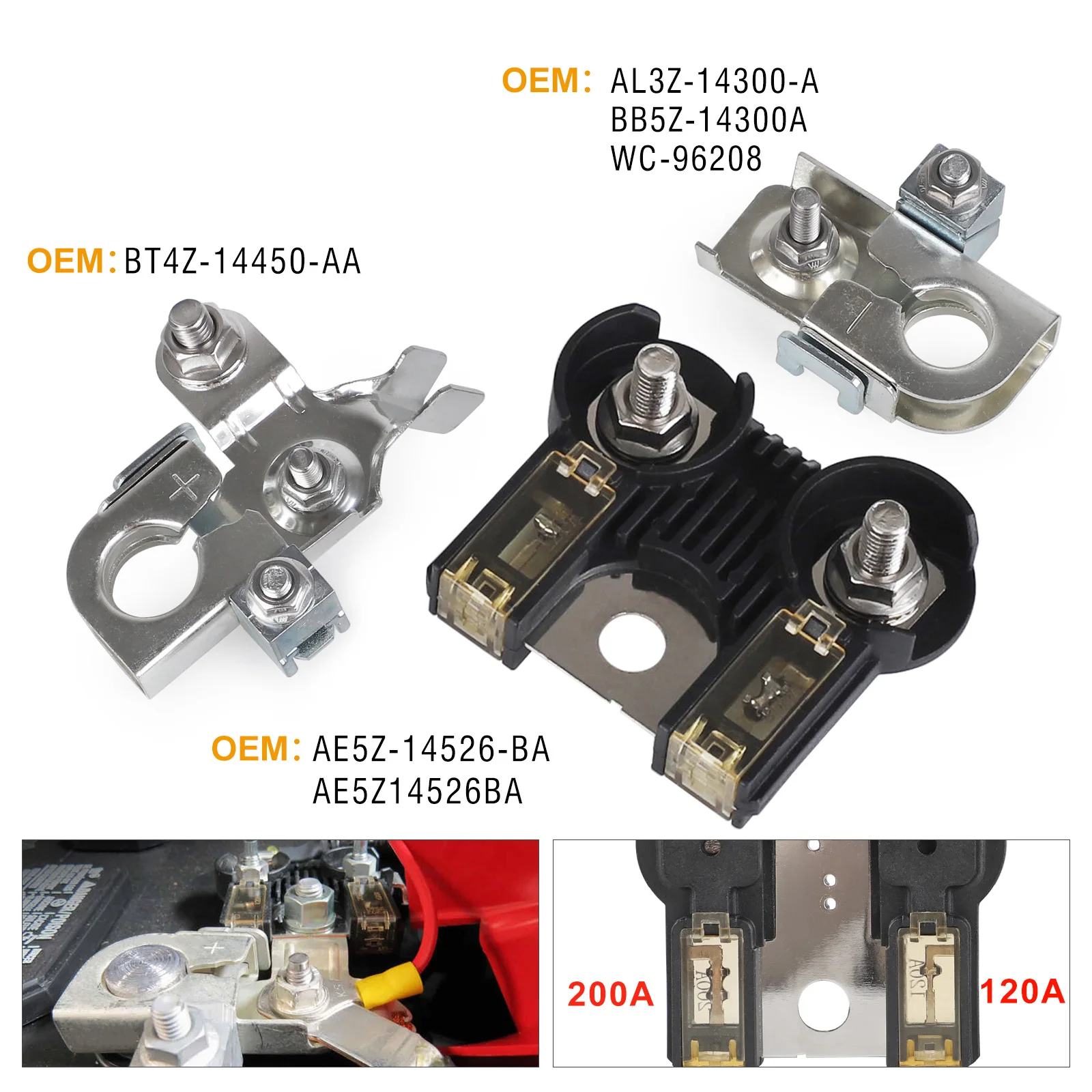 For Ford F-150 2011-2014 120A/200A Replacement 12V Battery Terminal Clamp And Battery Fuse Terminal BT4Z-14450-BA AL3Z14526AA