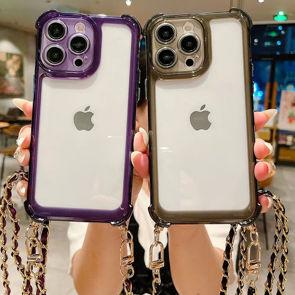 Luxury Shockproof Silicone Bumper Case For iPhone 15 14 13 12 11 Pro Max X XR XS 7 8 Plus Crossbody Lanyard Leather Chain Cover