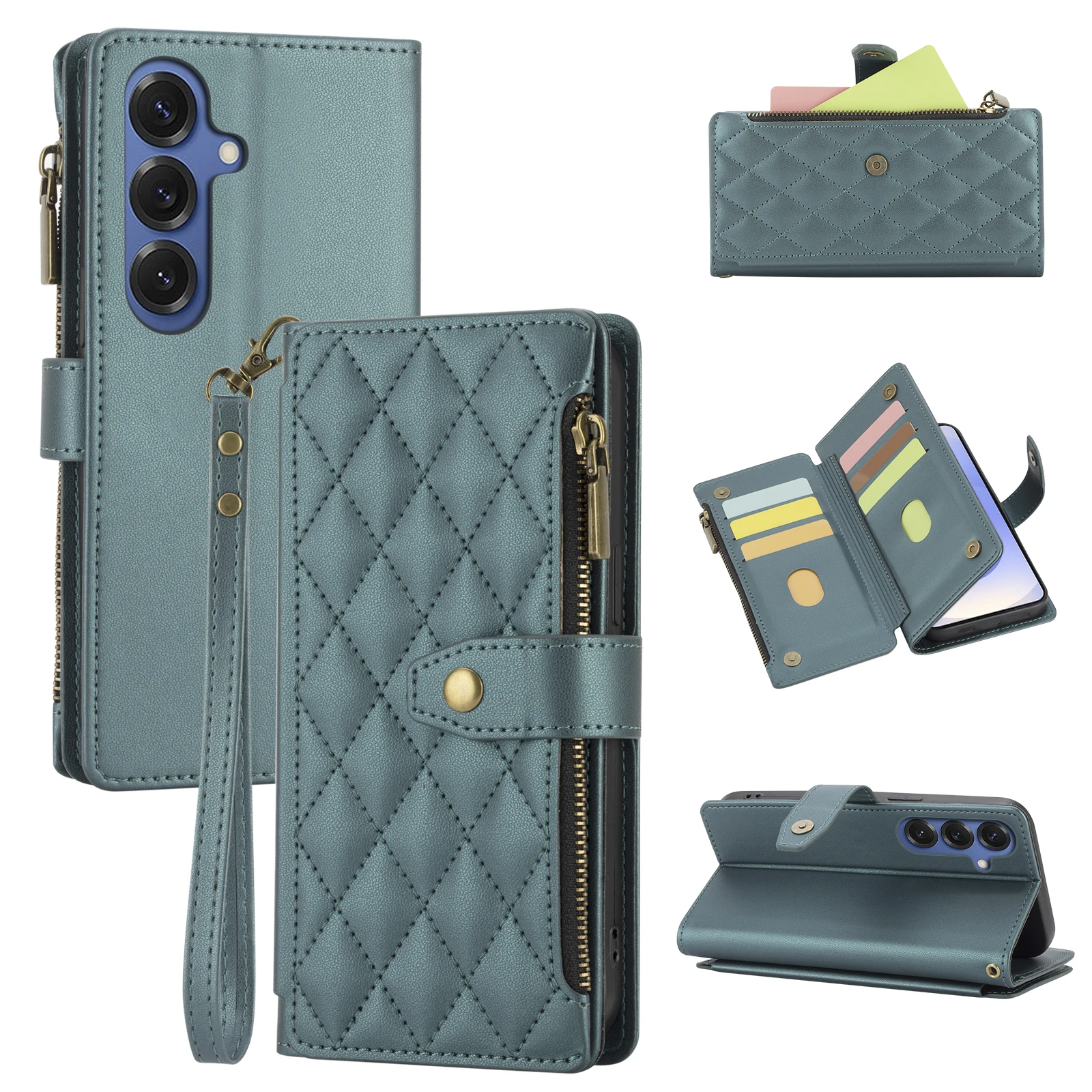 Brieftaschen-Handyhülle für Samsung A12/A13/A14/A15/A16/A52/A26/A56 mit Mehrfach-Kartenfächern, Reißverschluss-Münzfach und Handschlaufe, Kunstleder-Schutzhülle – Detail 1