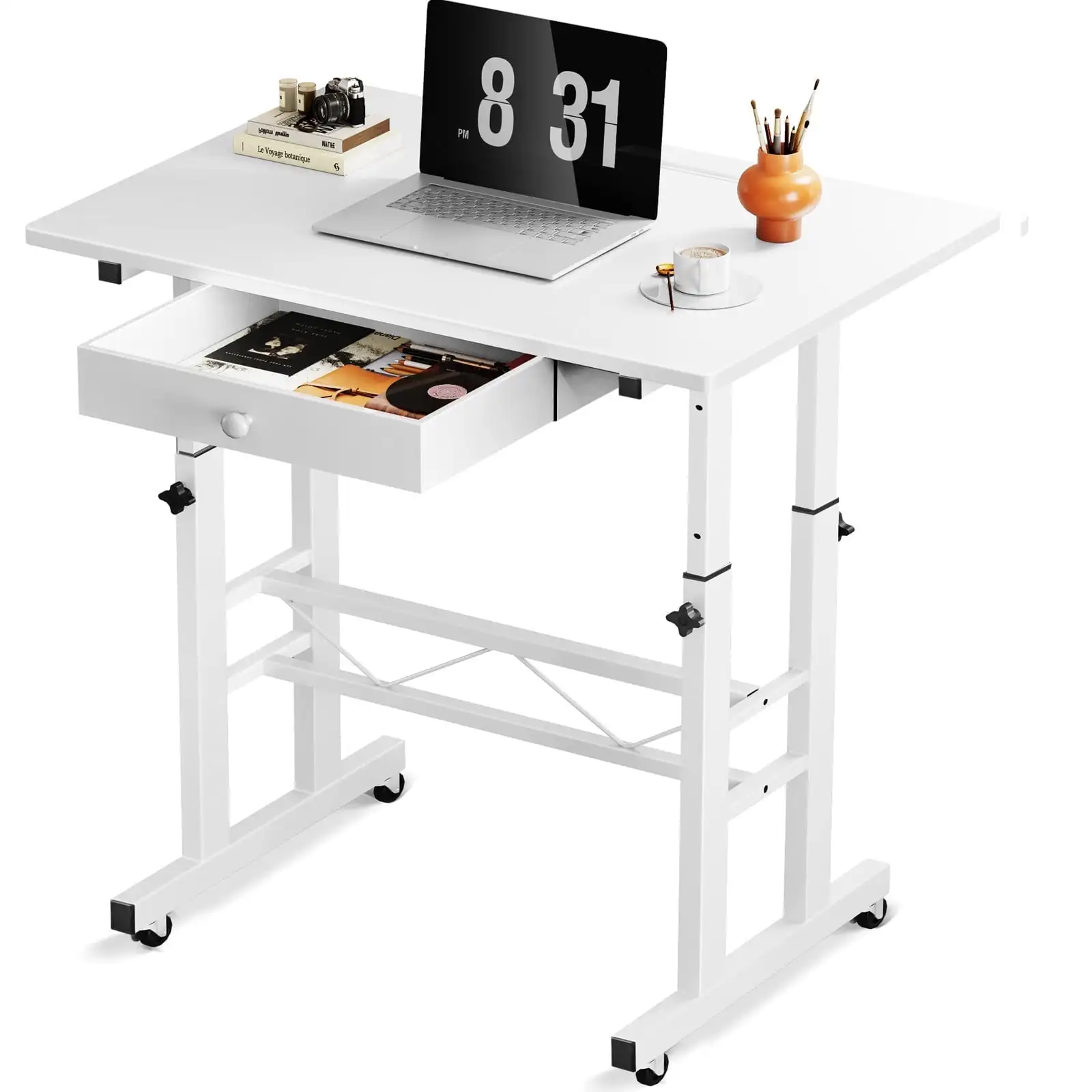 

Adjustable Standing Desk, 32" Portable Rolling Laptop Table with Wheels, Small Sit-Stand Computer Workstation