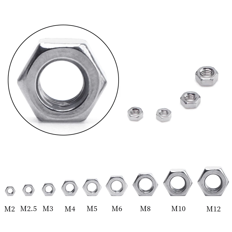 10/50pcs M2 M2.5 M3 M4 M5 M6 M8 M10 M12 304 Stainless Steel Thread Hex Hexagon Nuts Screw Bolt