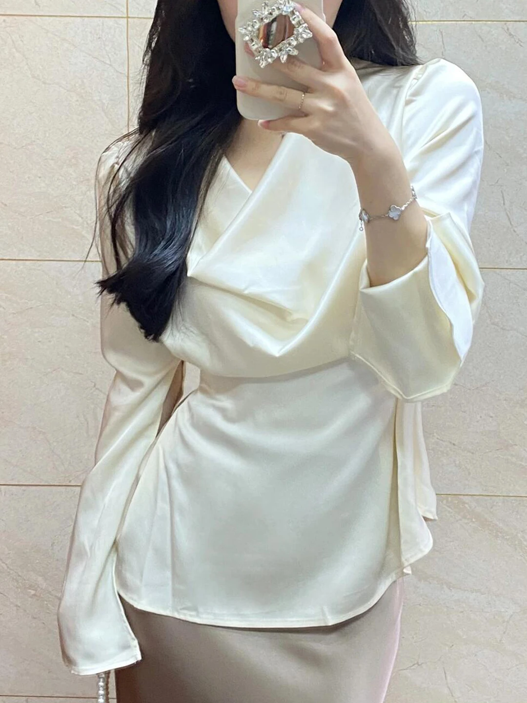 

Champagne Color Slim Fit Long Sleeve Shirt Women's High-End Feel Asymmetrical Collar Tie Waist Casual Style Polyester Fiber