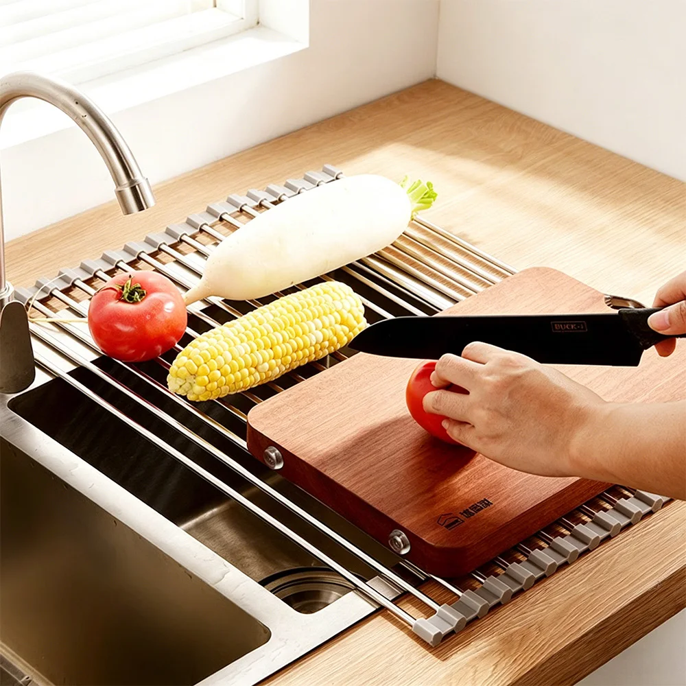 Kitchen Multifunctional Foldable Sink Drain Rack Stainless Steel Dish Fruit Drying Storage Shelf Bowl Organizer