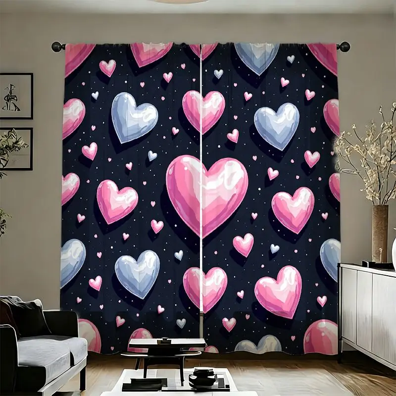 

2pcs Pink Blue Heart Starry Sky Curtains Romantic Love Pattern Print Blackout Drape Living Room Bedroom Window Treatment