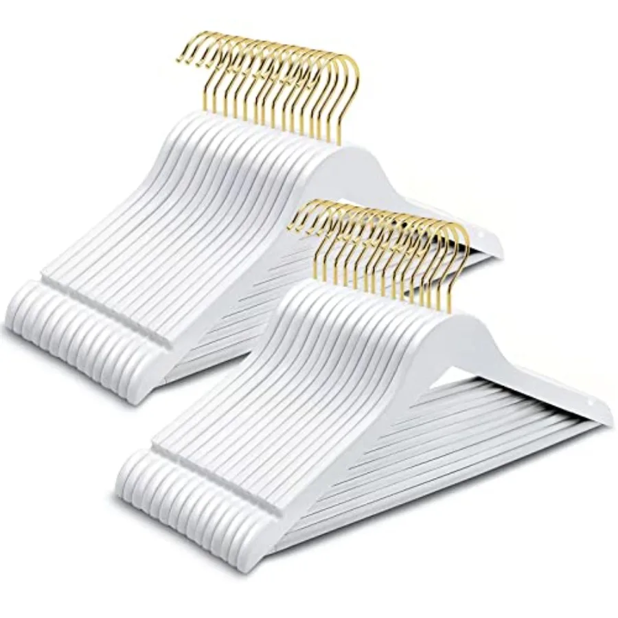 Paquete de 30 Perchas de Madera Maciza para Trajes, Perchas de Madera con Acabado Blanco Liso para Vestidos, con Barra Antideslizante para Pantalones, Perchas para Ropa con Detalles en Dorado