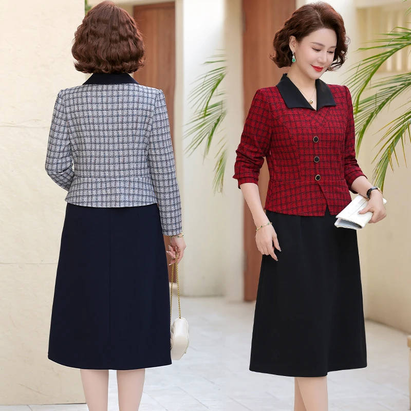 ใหม่ High End ตารางผ้าฤดูใบไม้ผลิชุดคอยาวแขนยาวชุดผู้หญิงใหม่ฤดูใบไม้ร่วงแม่อารมณ์ปลอม 2 ชิ้นชุด