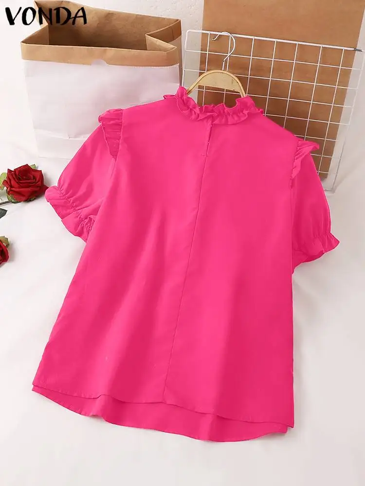 2024 VONDA Women Summer Ruffled Blouses Short Puff Sleeve Tunic Tops Fashion Pleated Blusas Feminnas Loose Casual Solid Shirts