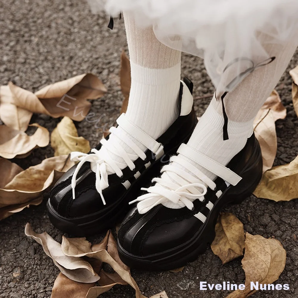 

Athletic Style Ballet-Inspired Lace Up Platform Flats Women Black White Hollow Round Toe Casual Shoes New Fashion Cute Shoes