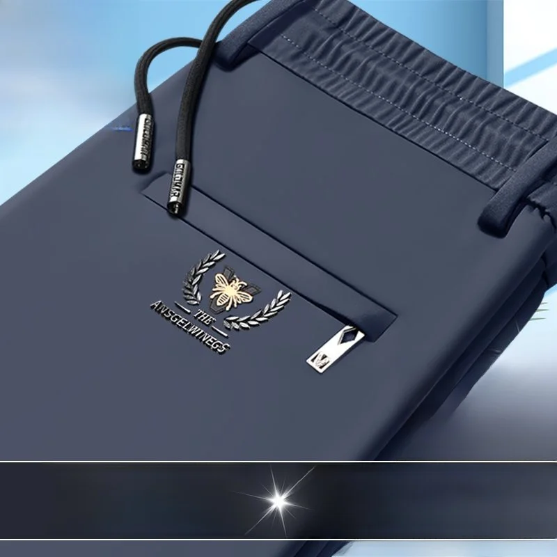 高弾性アイスシルクカジュアルパンツメンズ夏アイロン不要抗シワストレートレッグビジネスウエストパンツ中年薄い汗P...