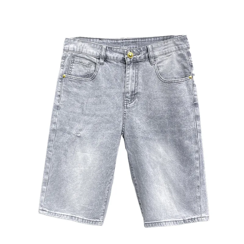 Pantalones cortos de mezclilla gris claro para hombre, Shorts elásticos finos de verano, transpirables, ajustados, informales, a la moda