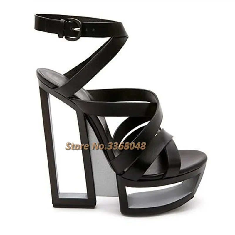 Fretwork Heels Fashion Shoes Green Sandals Woman Platform Heels Cool 16cm Square Heel Cut Outs Ankle Buckles Peep Toe High Heels