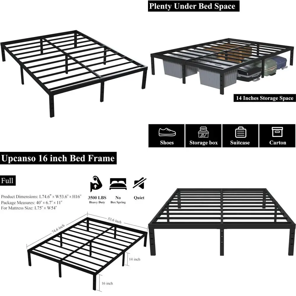 

Металлическая кровать-платформа высотой 16 дюймов с местом для хранения 14 дюймов, стальная решетка-поддон с нагрузкой до 3500 фунтов, простая в сборке основа.