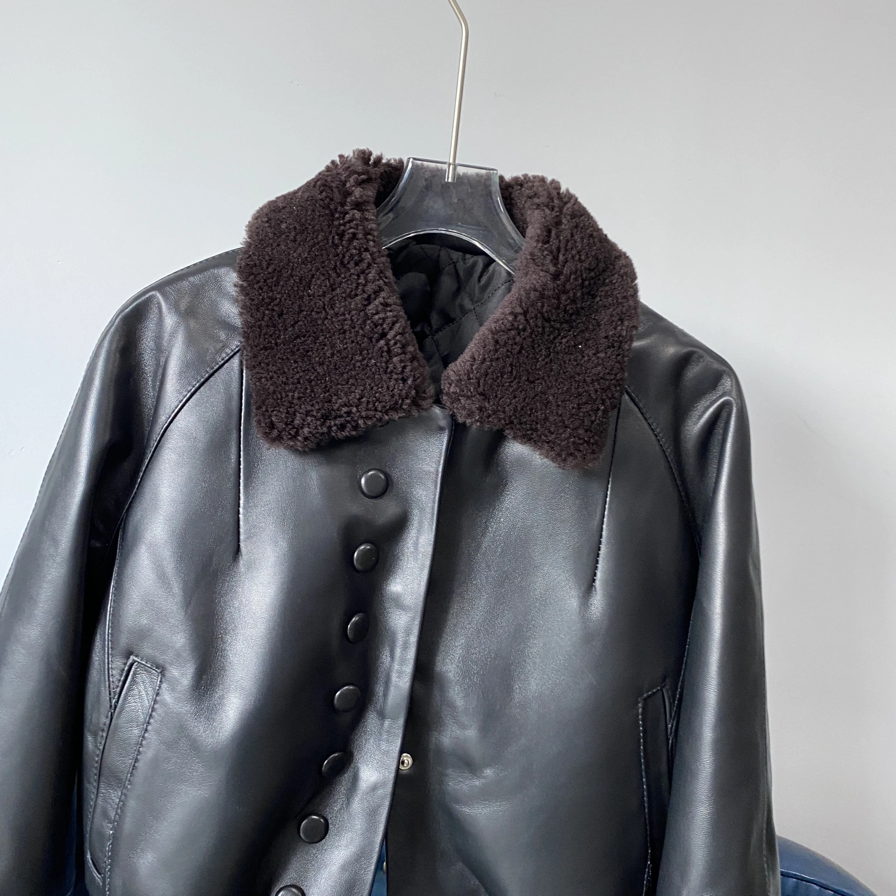 Sli ort couro genuíno jaet feminino calor gola de lã casaco motociclista versão coreana eepskin topo thiened longo sve