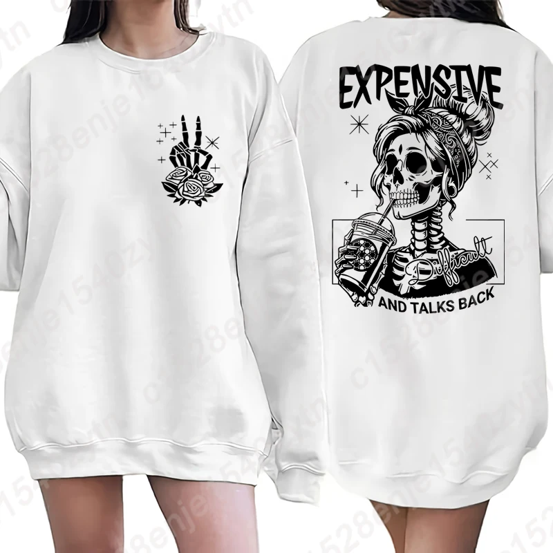 

Skull Expensive Difficult And Talk Back Print Sweatshirt, Long Sleeve Crew Neck Casual Pullovers, Women's Oversized Sweatshirts