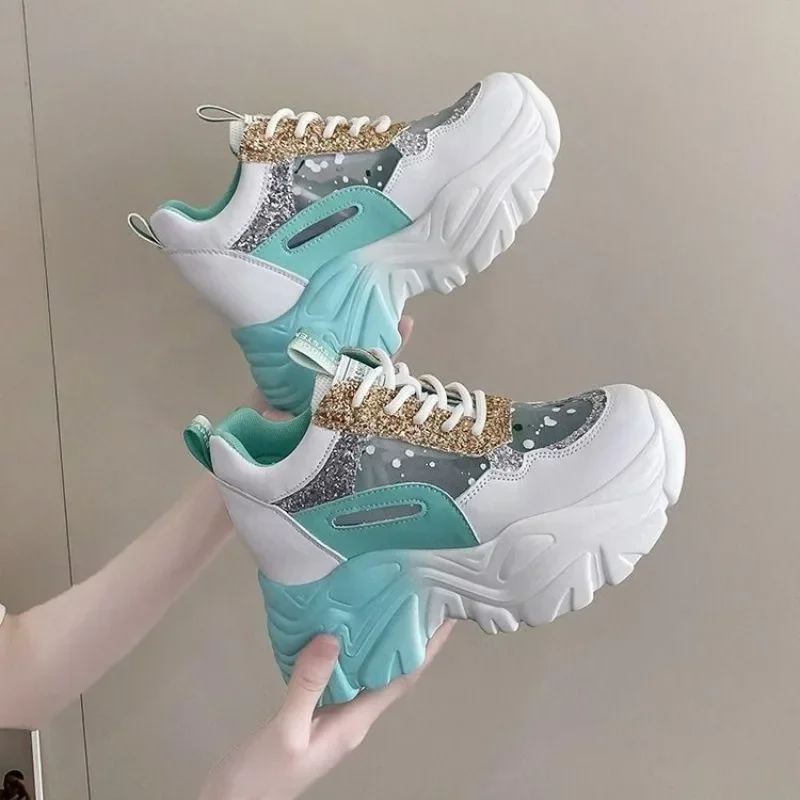 Trendy Women Mint Orange Pink Chunky Platform Sneakers Dad Shoes Lace Up Glitter Party Height Increasing Spring Autumn