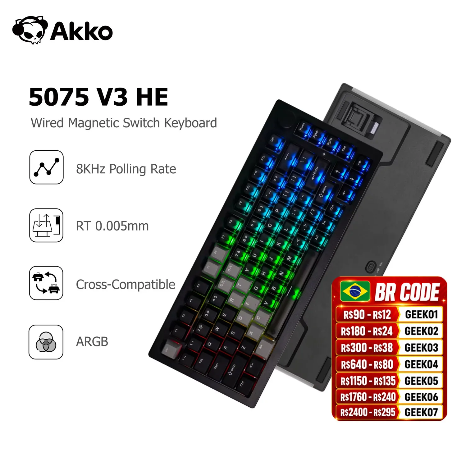 Akko 5075 V3 HE Magnetic Keyboard 75%  Custom Mechanical Gaming Keyboard Rapid Trigger 0.005mm 8K Polling Rate ARGB