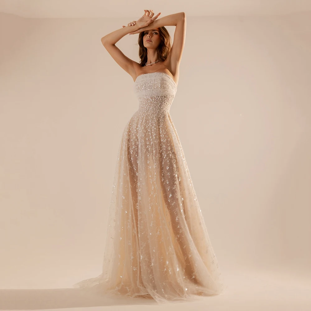 

Индивидуальное вечернее платье цвета шампанского без бретелек для женщин, сексуальное драпированное вечернее платье трапециевидной формы с открытой спиной, длиной до пола, тюлевое платье для выпускного вечера