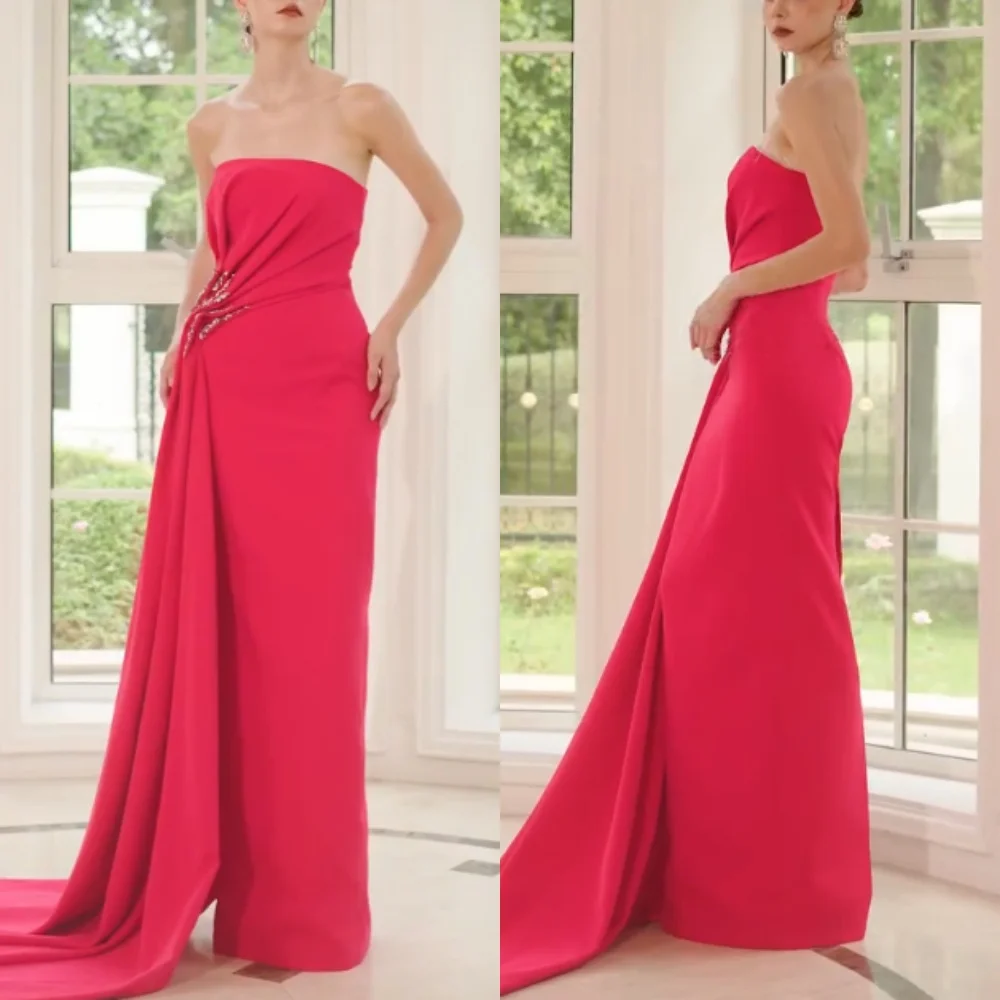 

Customized Jersey Pleat Rhinestone Strapless Straight Long Dresses Bespoke Occasion Party GownClassic Exquisite Evening Sparkle
