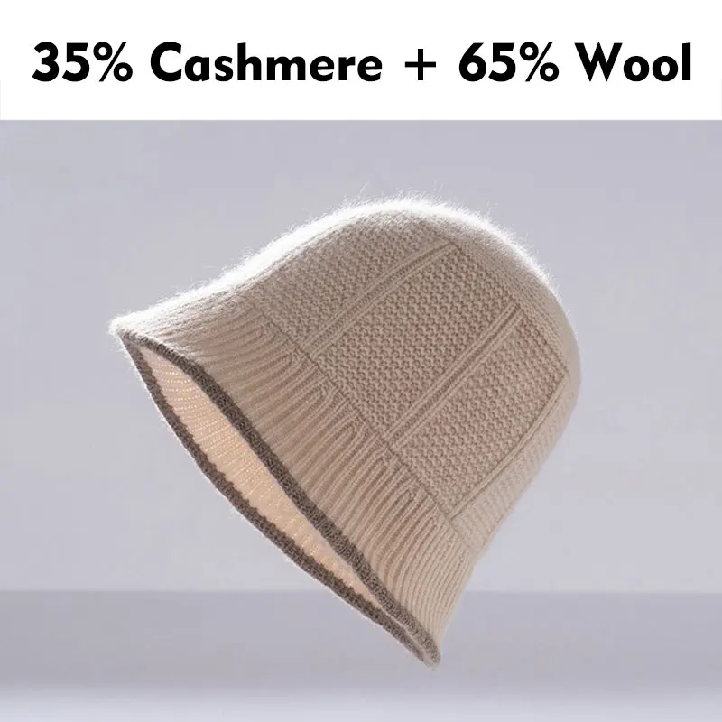 35% Cashmere 65% Wool Cable Knit Bucket Hat Women Winter Warm Ear Protection Contrast Edge Fisherman Cap Soft Bell Beanie Bonnet
