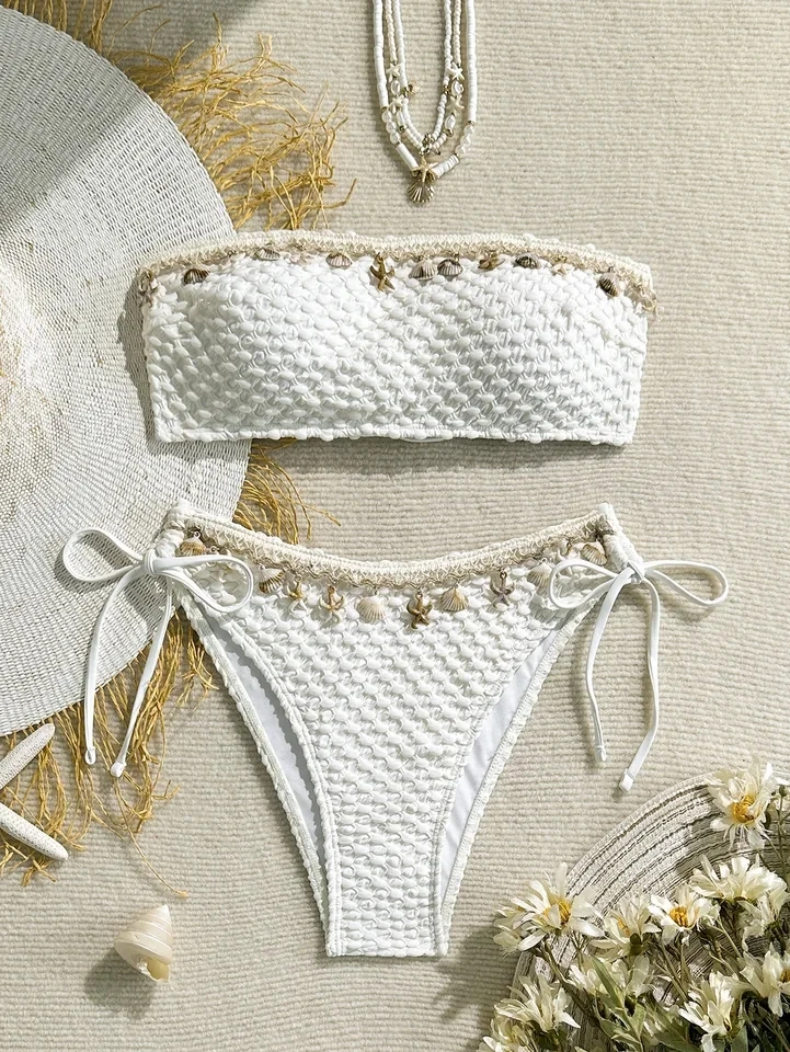 Bikini set women's strapless beach hot spring vacation lace strap chest cushion sexy backless swimsuit 2026 new product