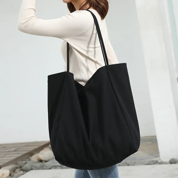 

Popular Simple Style Large Capacity Shopping Bag Literary Canvas Shoulder Bag Leisure Solid Color Handbag Tote Bag