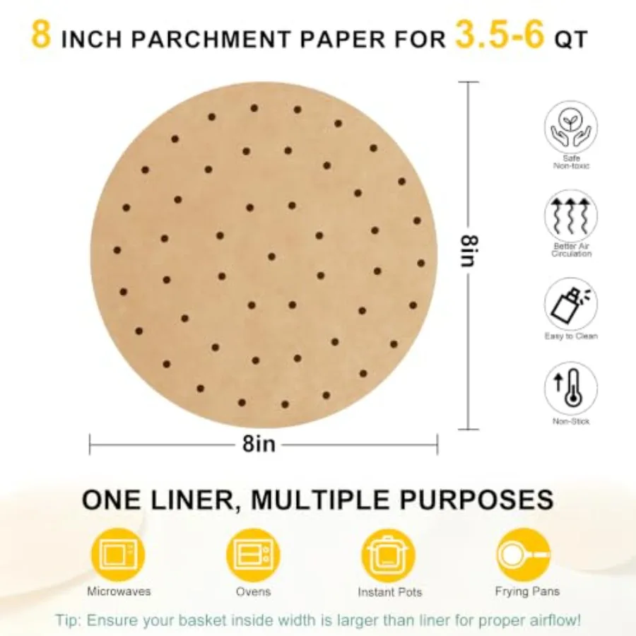 Air Fryer Parchment Paper Liners, 8 Inch Disposable Papers Liner for 3.5-6QT Baking, 100 Pcs Pre-cut Air Fryer Paper, Non-stick