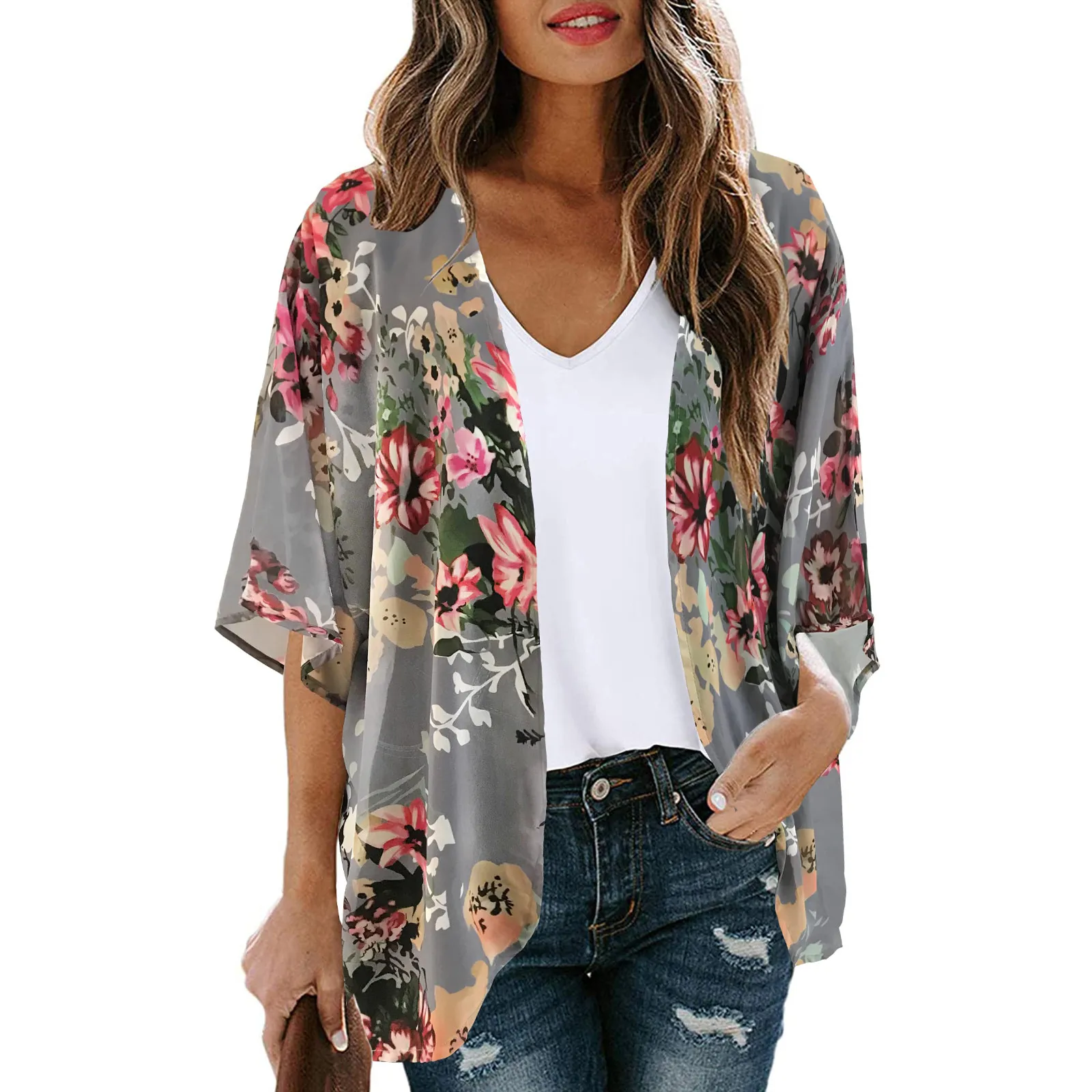 

Fashion Floral Cardigans Women'S Chiffon Summer Blouse Casual 3/4 Sleeve Blusas Female Thin Tunic Tops Kimono Cape