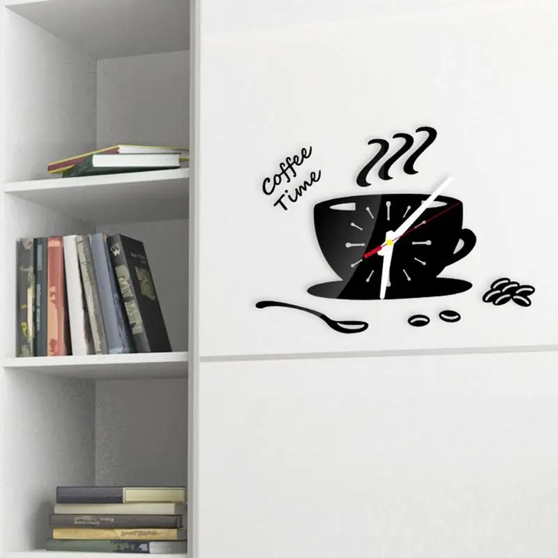 3D Mirror Coffee Cup Shaped Wall Clocks Modern Design Creative Wall Clock Sticker For DIY Kitchen Living Room Home Decorations