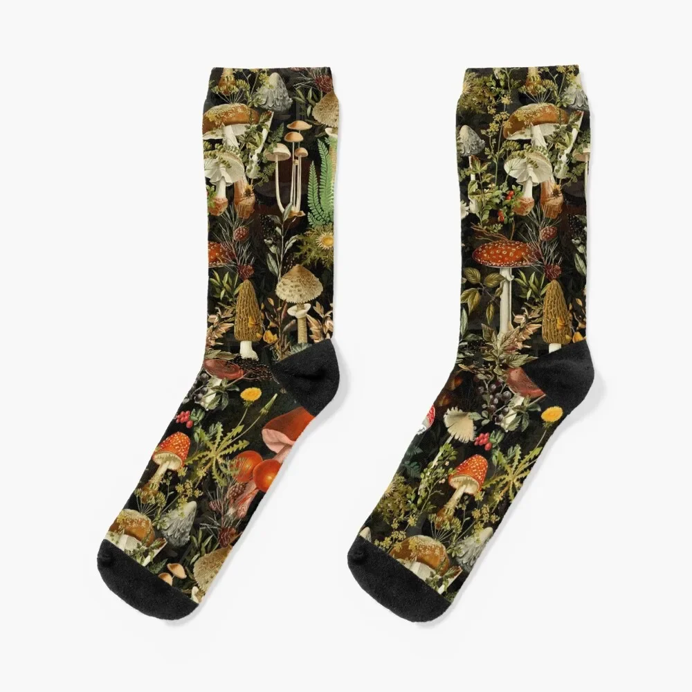 

Vintage Mushrooms Forest Botanical Pattern - Black Colorful Socks christmass gift soccer anti-slip Socks For Women Men's