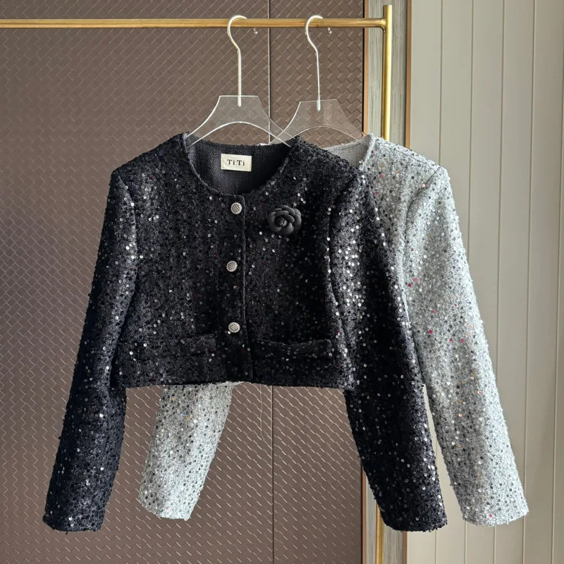 

High Quality Fall French Vintage Tweed Coats Elegant Fashion 3D Flower Short Jackets For Women Luxury Sequins Woolen Outerwears