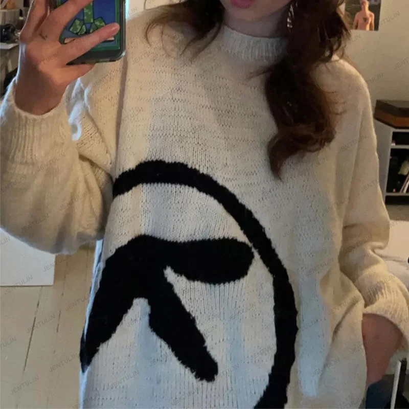 Women\'s Y2K Style Streetwear White Aphex Twin Sweater Japanese Anime Knitted Sweater Gothic Autumn Casual Loose Cotton Pullover